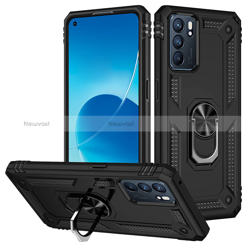 Silicone Matte Finish and Plastic Back Cover Case with Magnetic Finger Ring Stand MQ3 for Oppo Reno6 5G