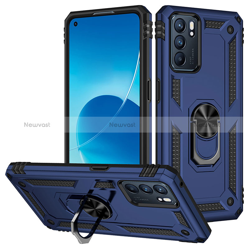 Silicone Matte Finish and Plastic Back Cover Case with Magnetic Finger Ring Stand MQ3 for Oppo Reno6 5G Blue