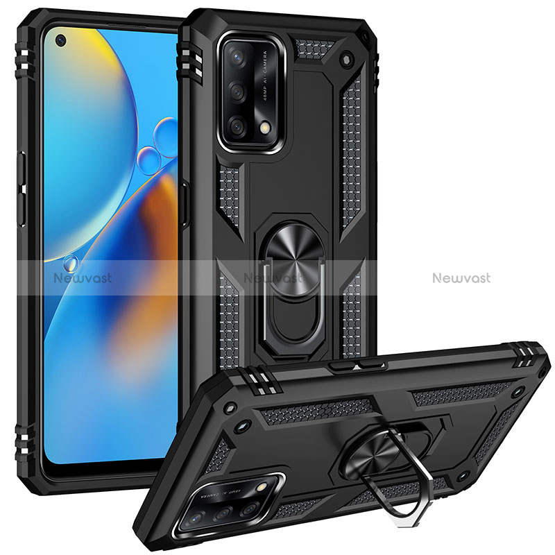 Silicone Matte Finish and Plastic Back Cover Case with Magnetic Finger Ring Stand MQ3 for Oppo Reno6 Lite Black