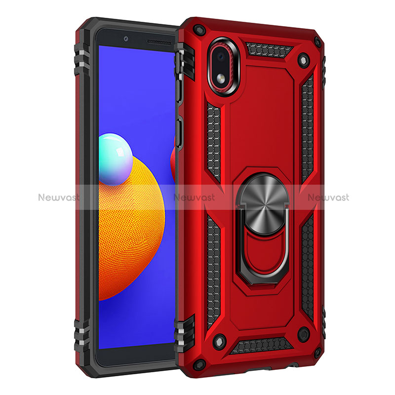 Silicone Matte Finish and Plastic Back Cover Case with Magnetic Finger Ring Stand MQ3 for Samsung Galaxy A01 Core Red