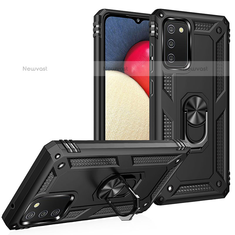 Silicone Matte Finish and Plastic Back Cover Case with Magnetic Finger Ring Stand MQ3 for Samsung Galaxy A02s Black