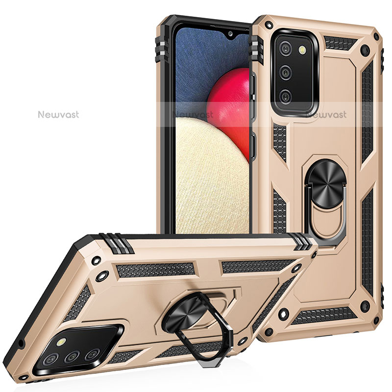 Silicone Matte Finish and Plastic Back Cover Case with Magnetic Finger Ring Stand MQ3 for Samsung Galaxy A02s Gold