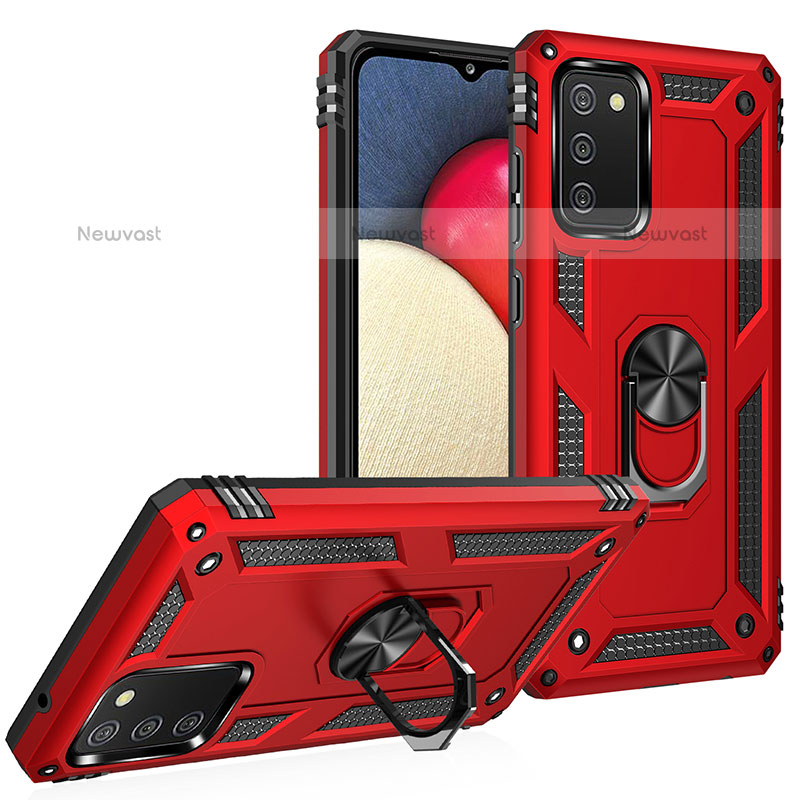 Silicone Matte Finish and Plastic Back Cover Case with Magnetic Finger Ring Stand MQ3 for Samsung Galaxy A02s Red