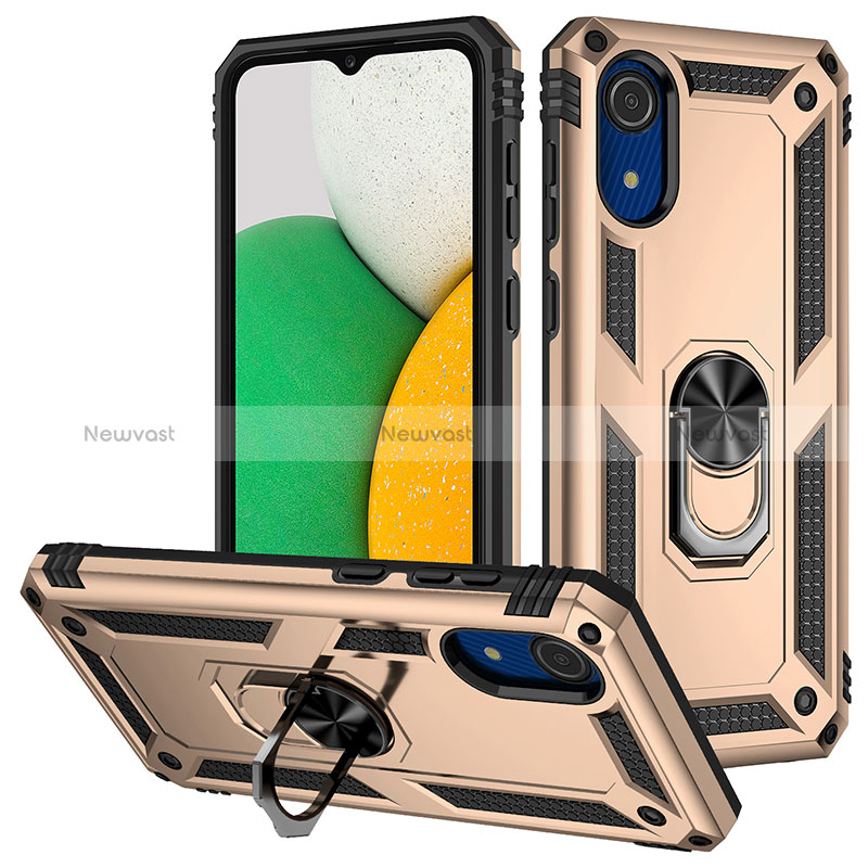 Silicone Matte Finish and Plastic Back Cover Case with Magnetic Finger Ring Stand MQ3 for Samsung Galaxy A03 Core Gold