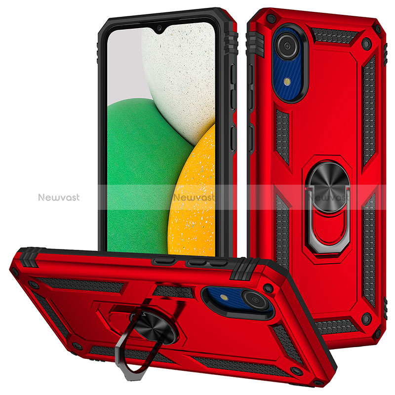 Silicone Matte Finish and Plastic Back Cover Case with Magnetic Finger Ring Stand MQ3 for Samsung Galaxy A03 Core Red