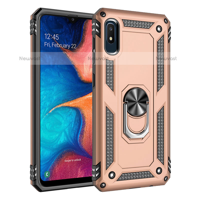 Silicone Matte Finish and Plastic Back Cover Case with Magnetic Finger Ring Stand MQ3 for Samsung Galaxy A10e Gold
