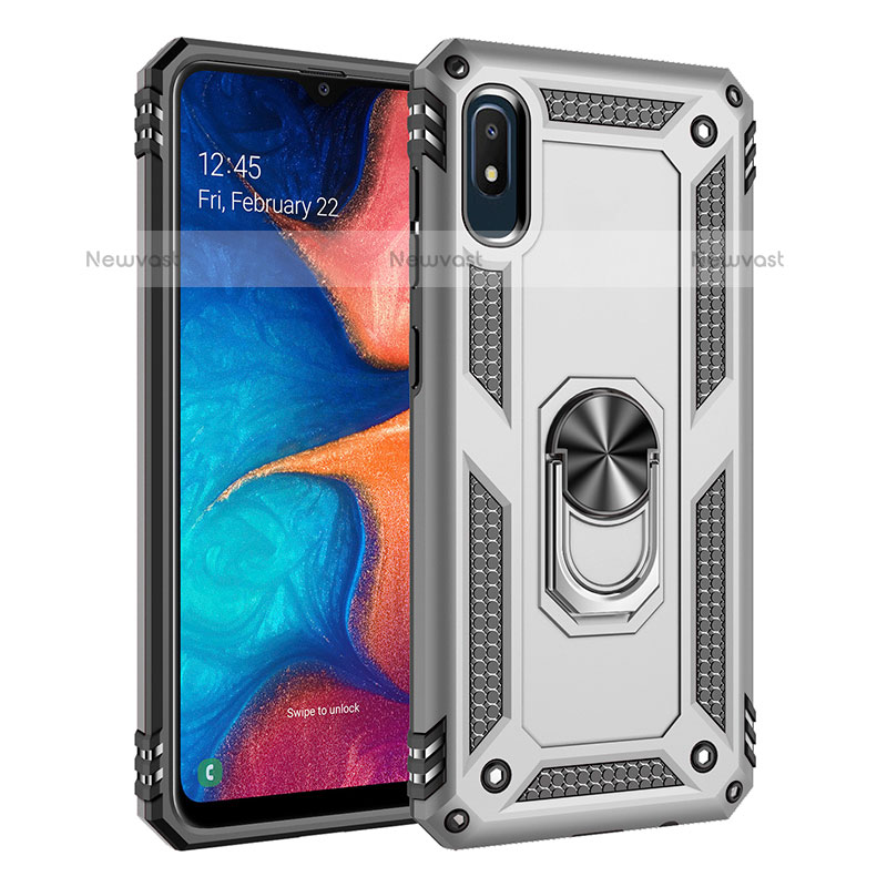Silicone Matte Finish and Plastic Back Cover Case with Magnetic Finger Ring Stand MQ3 for Samsung Galaxy A10e Silver