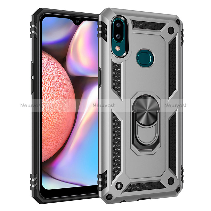 Silicone Matte Finish and Plastic Back Cover Case with Magnetic Finger Ring Stand MQ3 for Samsung Galaxy A10s Silver