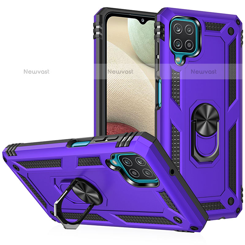 Silicone Matte Finish and Plastic Back Cover Case with Magnetic Finger Ring Stand MQ3 for Samsung Galaxy A12 Purple