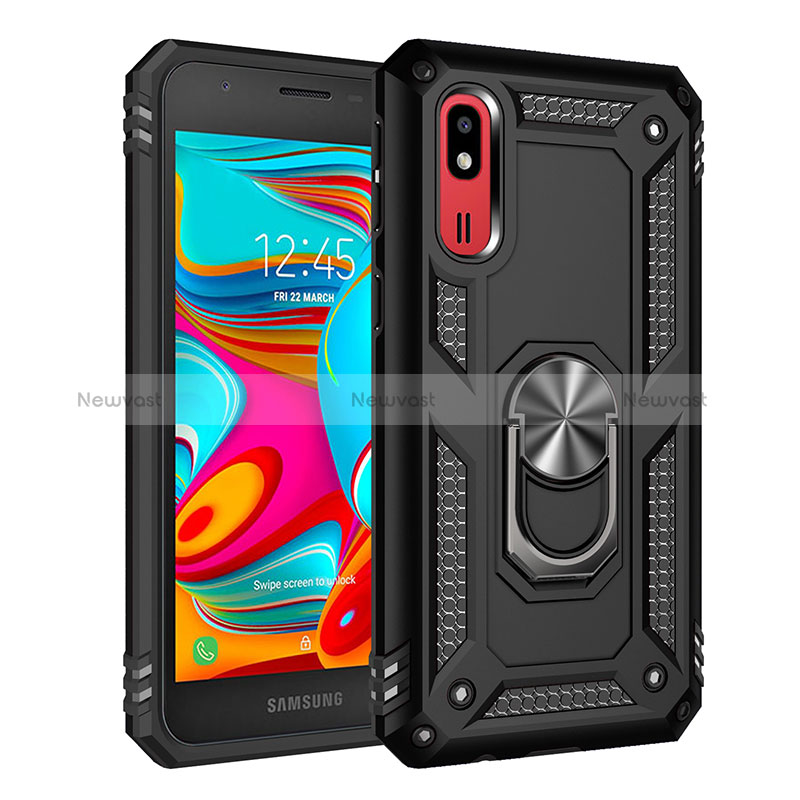 Silicone Matte Finish and Plastic Back Cover Case with Magnetic Finger Ring Stand MQ3 for Samsung Galaxy A2 Core A260F A260G Black