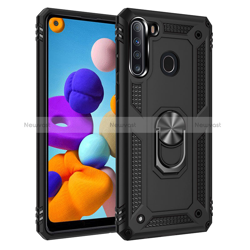 Silicone Matte Finish and Plastic Back Cover Case with Magnetic Finger Ring Stand MQ3 for Samsung Galaxy A21 Black