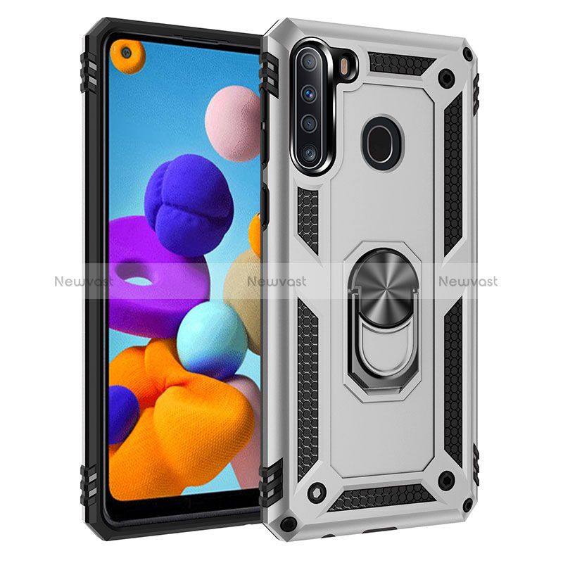 Silicone Matte Finish and Plastic Back Cover Case with Magnetic Finger Ring Stand MQ3 for Samsung Galaxy A21 Silver