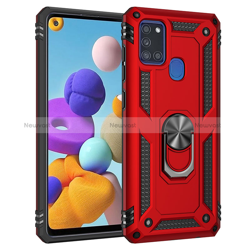 Silicone Matte Finish and Plastic Back Cover Case with Magnetic Finger Ring Stand MQ3 for Samsung Galaxy A21s Red