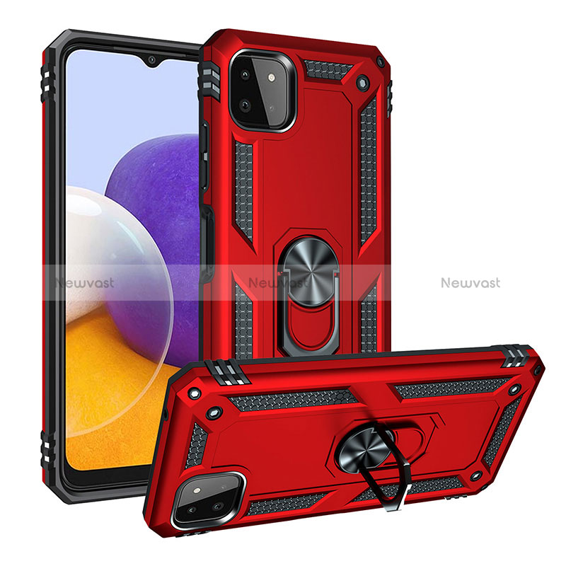 Silicone Matte Finish and Plastic Back Cover Case with Magnetic Finger Ring Stand MQ3 for Samsung Galaxy A22 5G Red