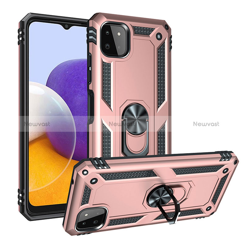 Silicone Matte Finish and Plastic Back Cover Case with Magnetic Finger Ring Stand MQ3 for Samsung Galaxy A22 5G Rose Gold