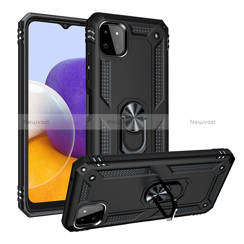 Silicone Matte Finish and Plastic Back Cover Case with Magnetic Finger Ring Stand MQ3 for Samsung Galaxy A22s 5G Black