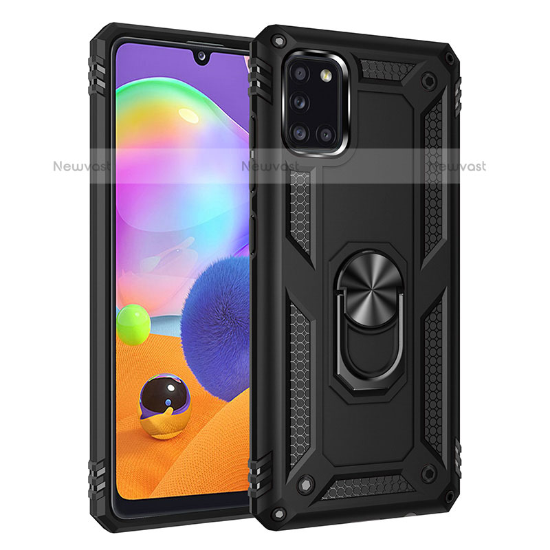 Silicone Matte Finish and Plastic Back Cover Case with Magnetic Finger Ring Stand MQ3 for Samsung Galaxy A31 Black