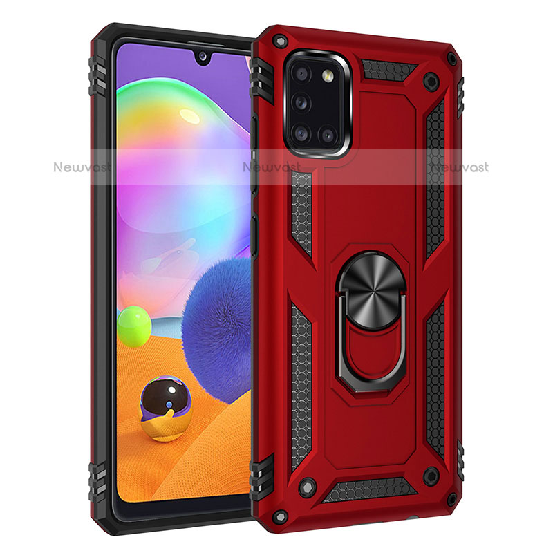 Silicone Matte Finish and Plastic Back Cover Case with Magnetic Finger Ring Stand MQ3 for Samsung Galaxy A31 Red