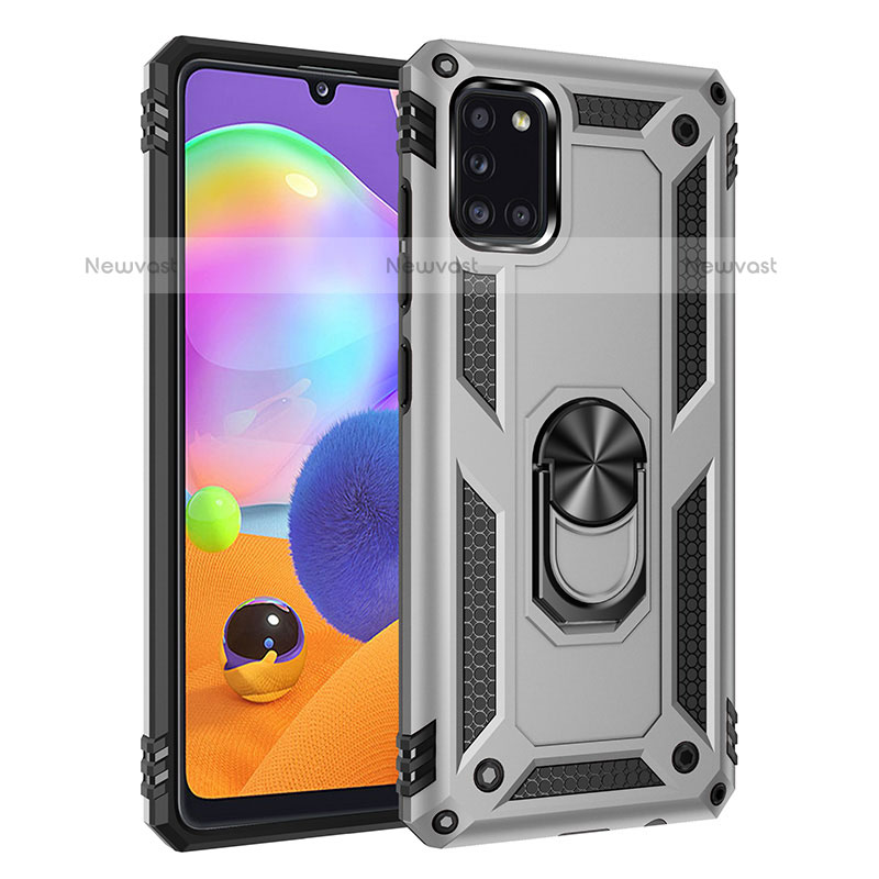 Silicone Matte Finish and Plastic Back Cover Case with Magnetic Finger Ring Stand MQ3 for Samsung Galaxy A31 Silver