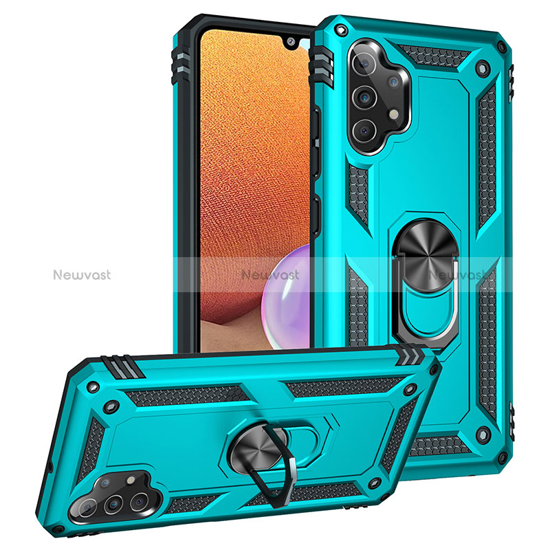 Silicone Matte Finish and Plastic Back Cover Case with Magnetic Finger Ring Stand MQ3 for Samsung Galaxy A32 4G Cyan