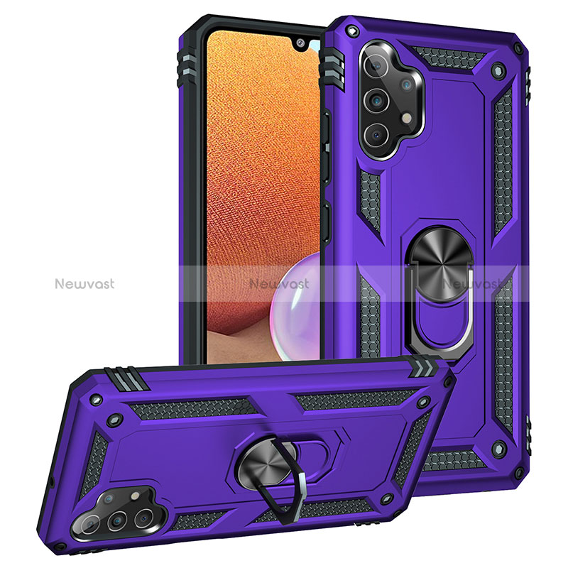 Silicone Matte Finish and Plastic Back Cover Case with Magnetic Finger Ring Stand MQ3 for Samsung Galaxy A32 4G Purple