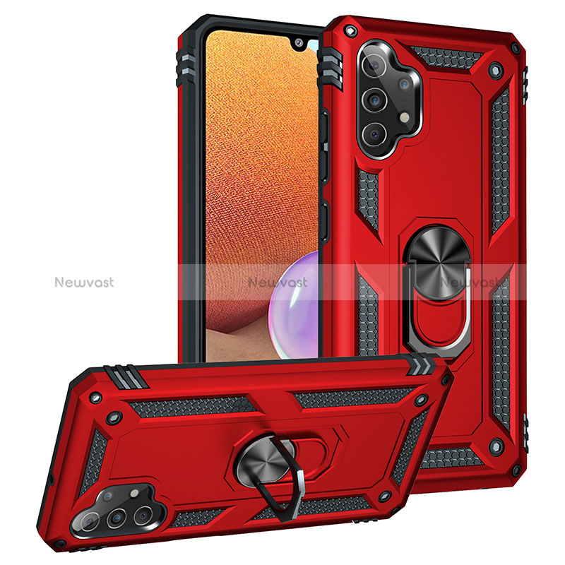 Silicone Matte Finish and Plastic Back Cover Case with Magnetic Finger Ring Stand MQ3 for Samsung Galaxy A32 4G Red