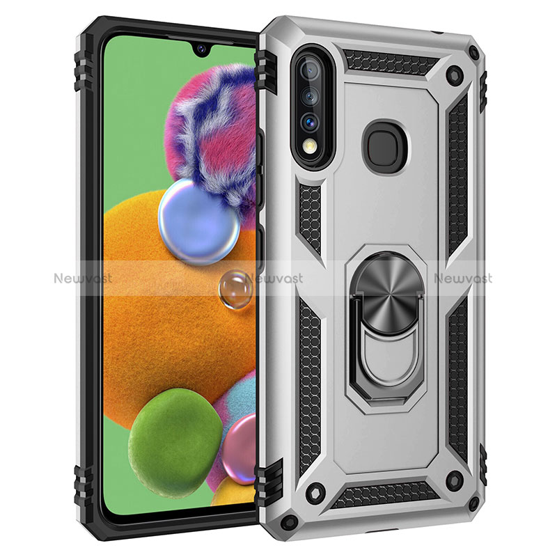 Silicone Matte Finish and Plastic Back Cover Case with Magnetic Finger Ring Stand MQ3 for Samsung Galaxy A70E Silver