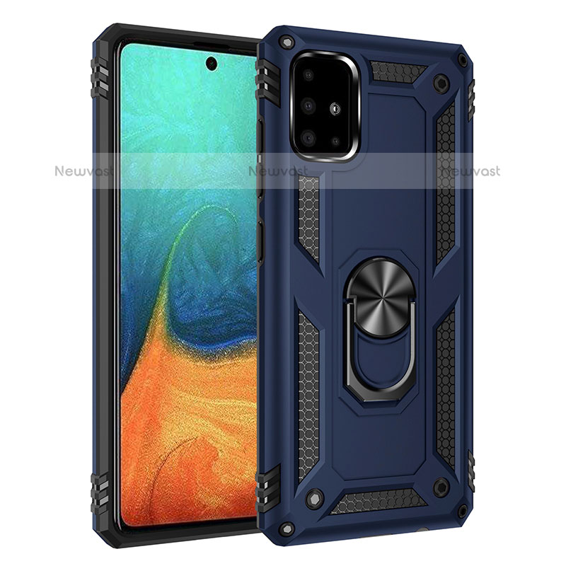 Silicone Matte Finish and Plastic Back Cover Case with Magnetic Finger Ring Stand MQ3 for Samsung Galaxy A71 4G A715 Blue