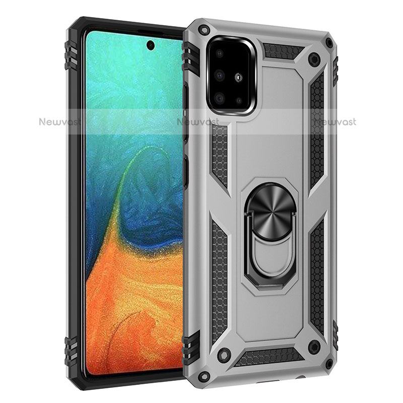 Silicone Matte Finish and Plastic Back Cover Case with Magnetic Finger Ring Stand MQ3 for Samsung Galaxy A71 4G A715 Silver