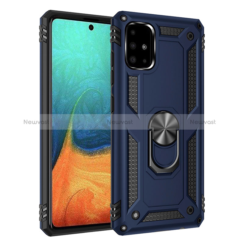 Silicone Matte Finish and Plastic Back Cover Case with Magnetic Finger Ring Stand MQ3 for Samsung Galaxy A71 5G Blue