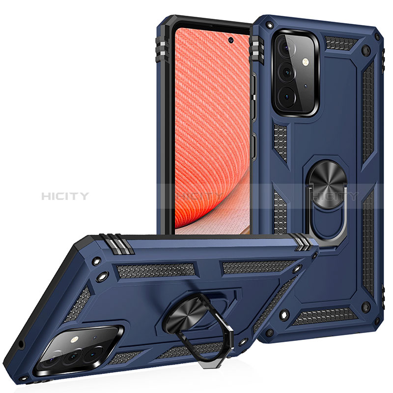 Silicone Matte Finish and Plastic Back Cover Case with Magnetic Finger Ring Stand MQ3 for Samsung Galaxy A72 4G Blue