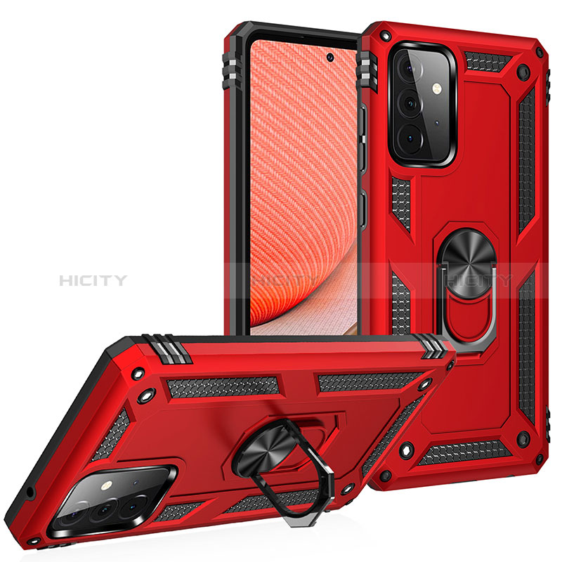 Silicone Matte Finish and Plastic Back Cover Case with Magnetic Finger Ring Stand MQ3 for Samsung Galaxy A72 4G Red