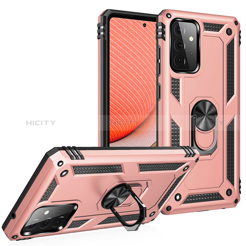 Silicone Matte Finish and Plastic Back Cover Case with Magnetic Finger Ring Stand MQ3 for Samsung Galaxy A72 4G Rose Gold