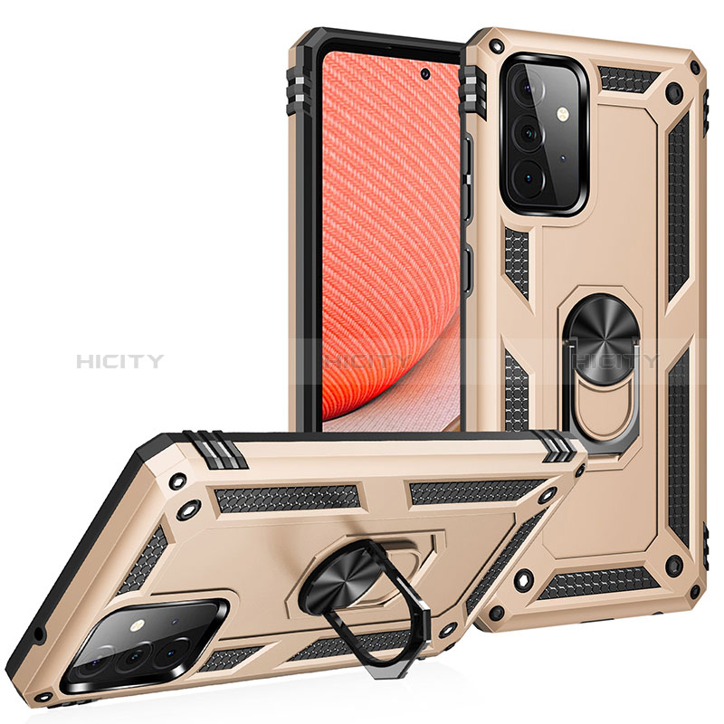 Silicone Matte Finish and Plastic Back Cover Case with Magnetic Finger Ring Stand MQ3 for Samsung Galaxy A72 5G Gold