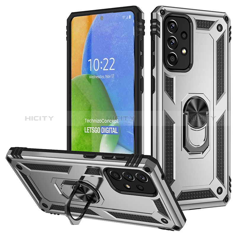 Silicone Matte Finish and Plastic Back Cover Case with Magnetic Finger Ring Stand MQ3 for Samsung Galaxy A73 5G Silver