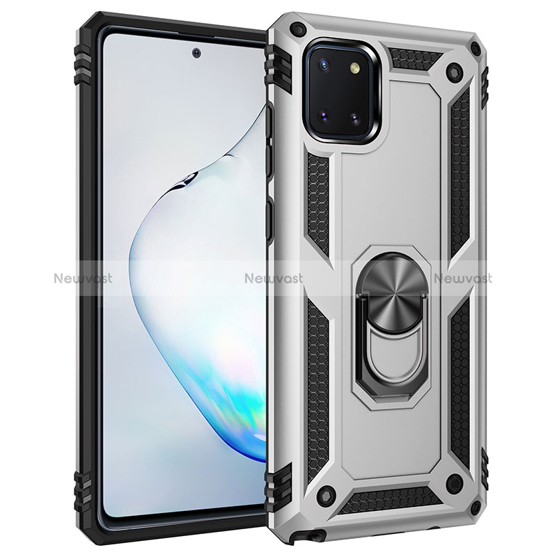 Silicone Matte Finish and Plastic Back Cover Case with Magnetic Finger Ring Stand MQ3 for Samsung Galaxy A81 Silver