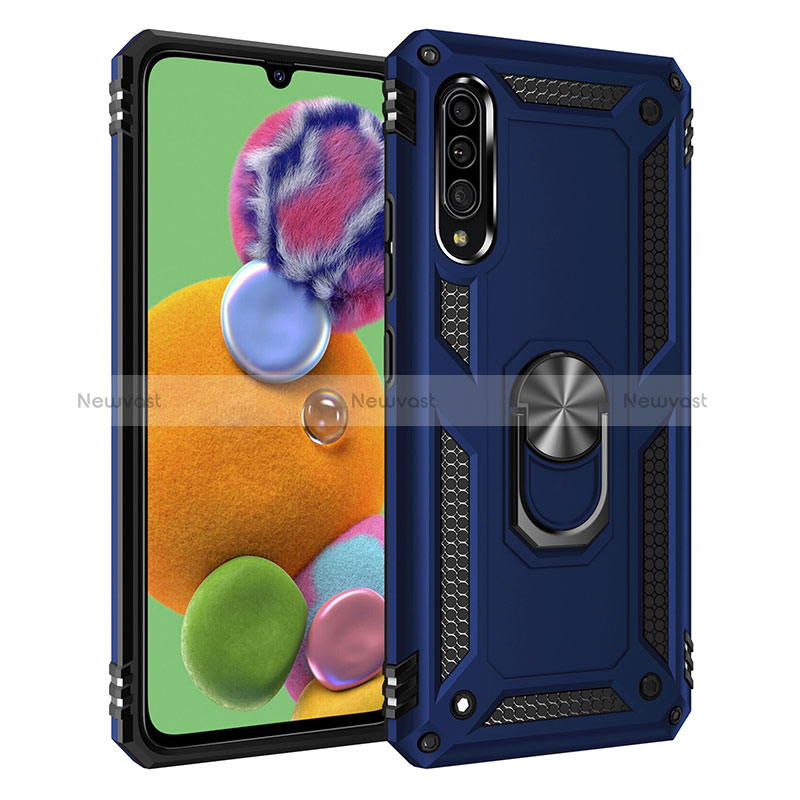 Silicone Matte Finish and Plastic Back Cover Case with Magnetic Finger Ring Stand MQ3 for Samsung Galaxy A90 5G Blue