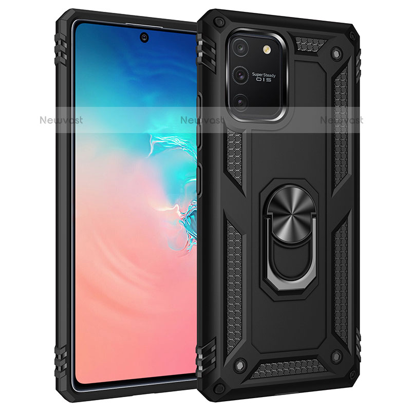 Silicone Matte Finish and Plastic Back Cover Case with Magnetic Finger Ring Stand MQ3 for Samsung Galaxy A91 Black