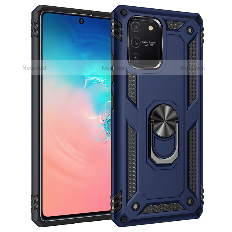 Silicone Matte Finish and Plastic Back Cover Case with Magnetic Finger Ring Stand MQ3 for Samsung Galaxy A91 Blue