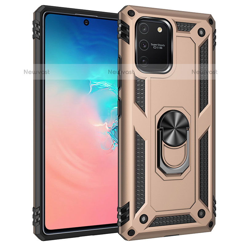 Silicone Matte Finish and Plastic Back Cover Case with Magnetic Finger Ring Stand MQ3 for Samsung Galaxy A91 Gold