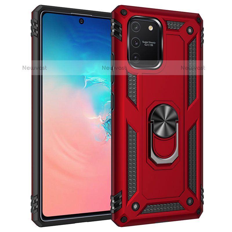 Silicone Matte Finish and Plastic Back Cover Case with Magnetic Finger Ring Stand MQ3 for Samsung Galaxy A91 Red