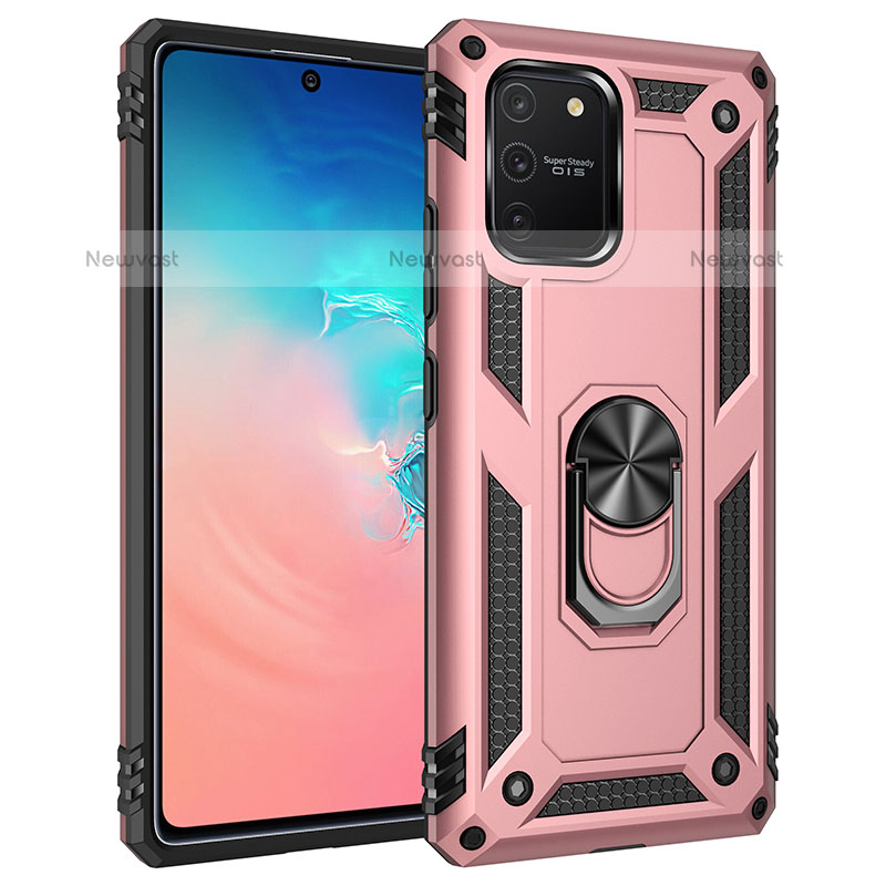 Silicone Matte Finish and Plastic Back Cover Case with Magnetic Finger Ring Stand MQ3 for Samsung Galaxy A91 Rose Gold