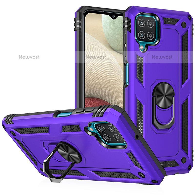 Silicone Matte Finish and Plastic Back Cover Case with Magnetic Finger Ring Stand MQ3 for Samsung Galaxy F12 Purple