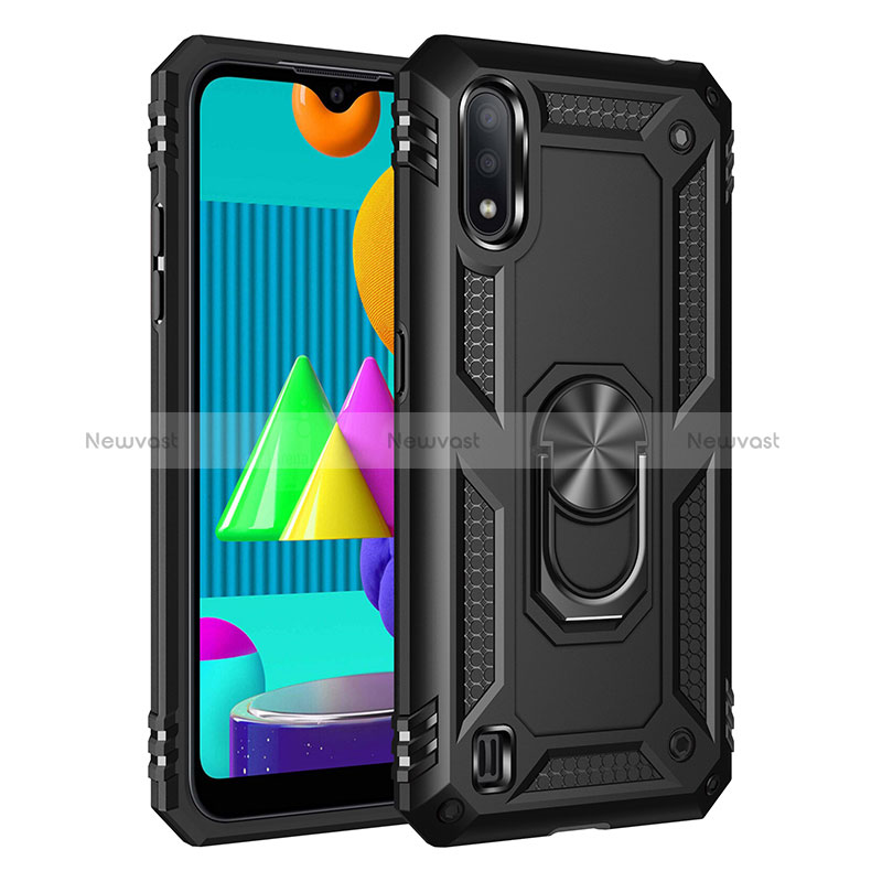 Silicone Matte Finish and Plastic Back Cover Case with Magnetic Finger Ring Stand MQ3 for Samsung Galaxy M01 Black