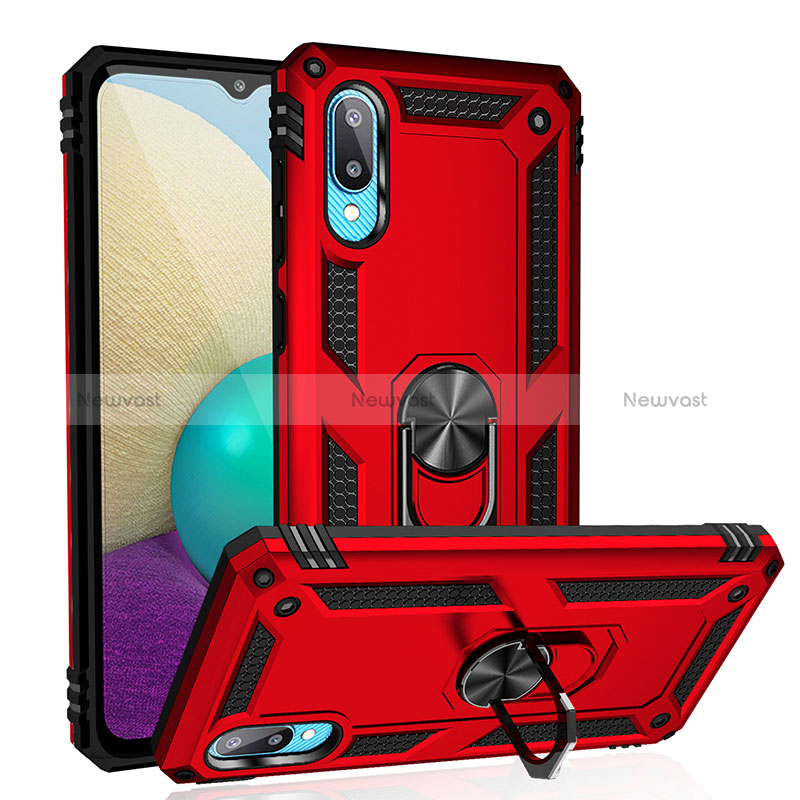 Silicone Matte Finish and Plastic Back Cover Case with Magnetic Finger Ring Stand MQ3 for Samsung Galaxy M02 Red
