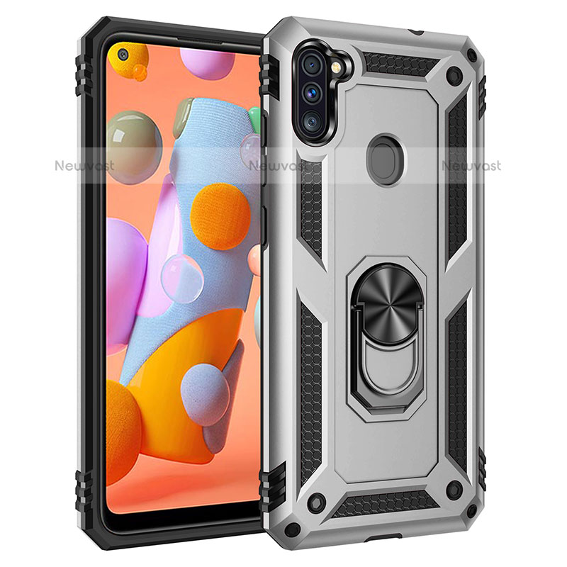 Silicone Matte Finish and Plastic Back Cover Case with Magnetic Finger Ring Stand MQ3 for Samsung Galaxy M11