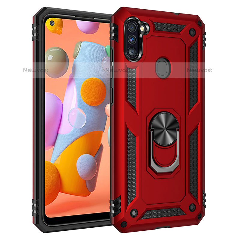 Silicone Matte Finish and Plastic Back Cover Case with Magnetic Finger Ring Stand MQ3 for Samsung Galaxy M11 Red