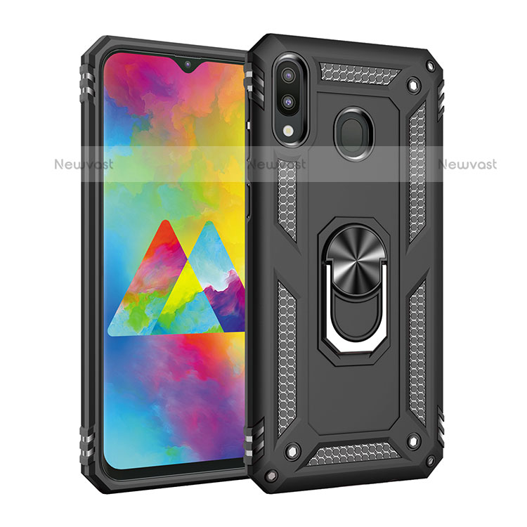 Silicone Matte Finish and Plastic Back Cover Case with Magnetic Finger Ring Stand MQ3 for Samsung Galaxy M20 Black