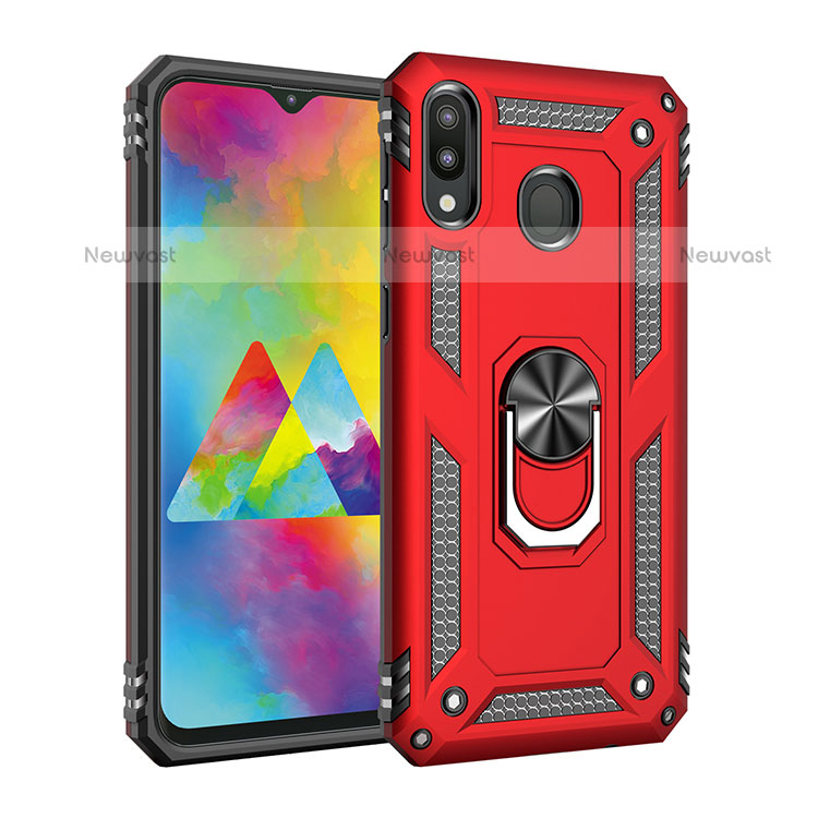 Silicone Matte Finish and Plastic Back Cover Case with Magnetic Finger Ring Stand MQ3 for Samsung Galaxy M20 Red