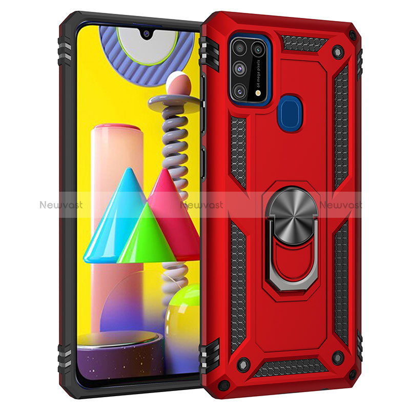 Silicone Matte Finish and Plastic Back Cover Case with Magnetic Finger Ring Stand MQ3 for Samsung Galaxy M21s Red